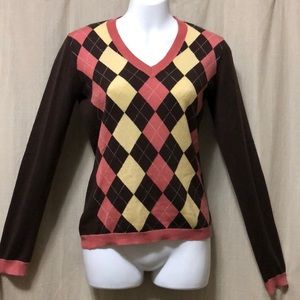 Argyle V-Neck sweater Small Lightweight Brown Tan